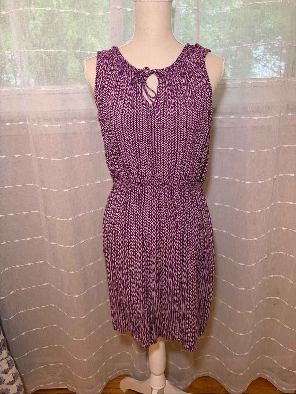 LOFT Purple Patterned Sleeveless Tie-Neck Mini Dress